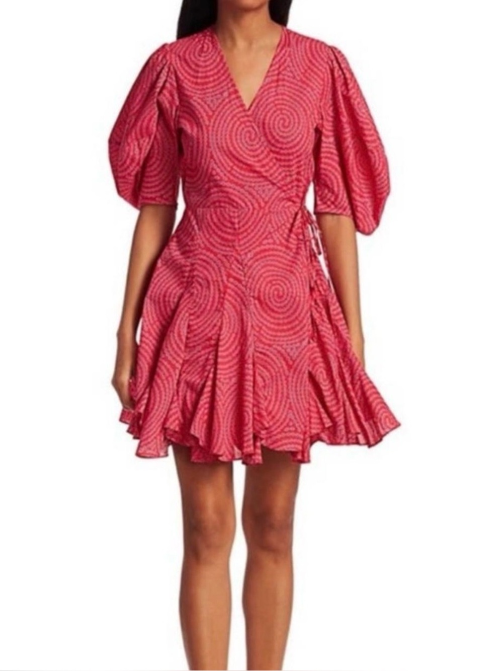 Rhode Red Wrap-Style Fit & Flare Dress with Puff Sleeves